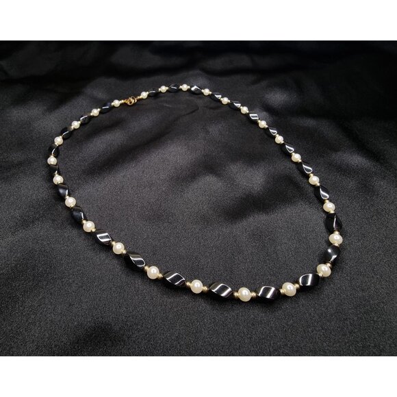 Hematite & Faux Pearl Necklace With Gold-Tone Accents - Picture 1 of 6